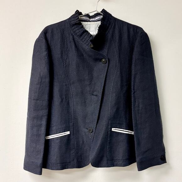 Armani Collezioni Long Sleeve Blazer Jacket with Ruffle Collar Navy Womens US 12 - Picture 1 of 4